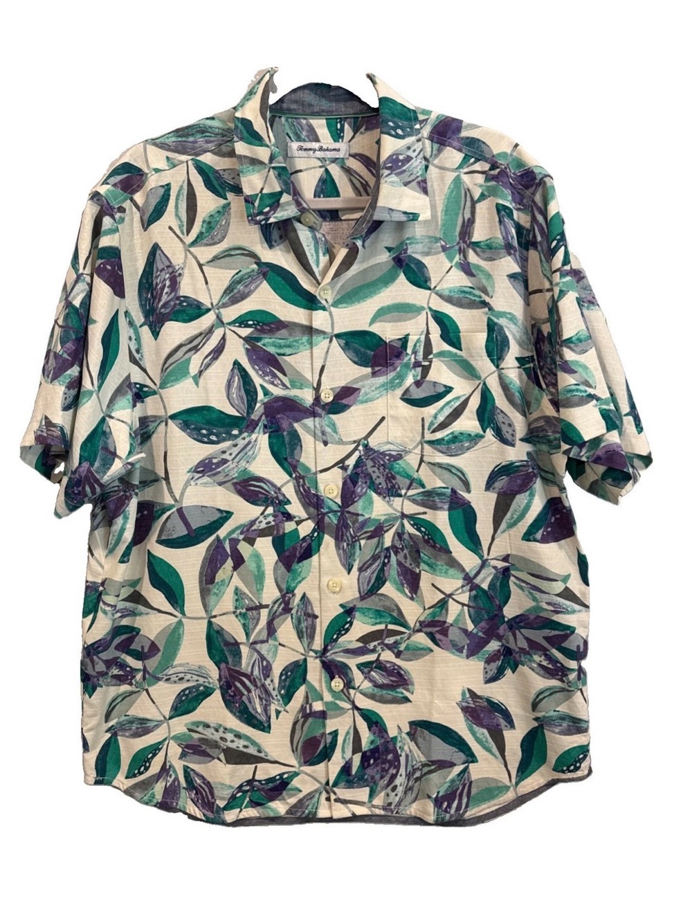 Tommy Bahama Mens Floral Short Sleeve Silk Shirt Cream Green Size Large Pristine